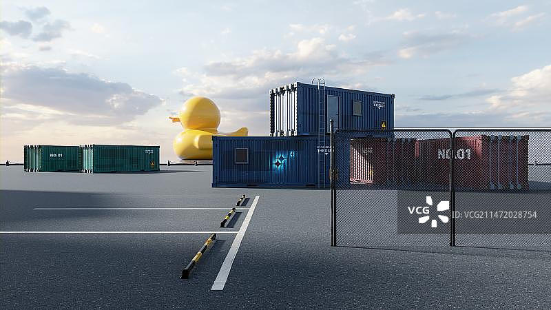 早晨天空海边码头的集装箱童趣场景小黄鸭游轮图片素材