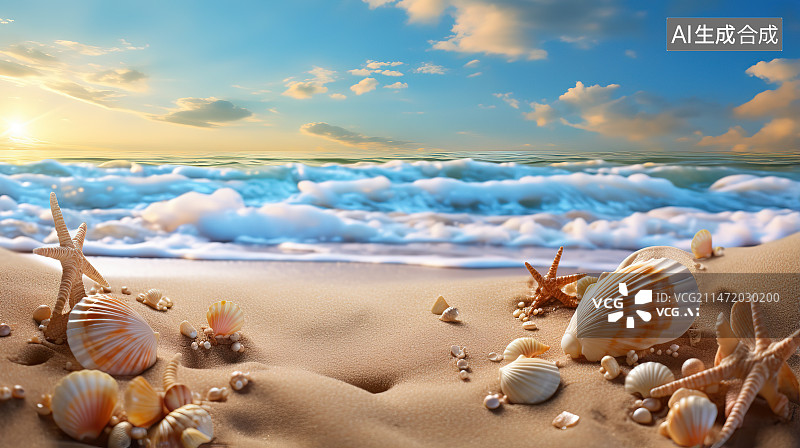 【AI数字艺术】海滩沙滩上的贝壳特写镜头图片素材
