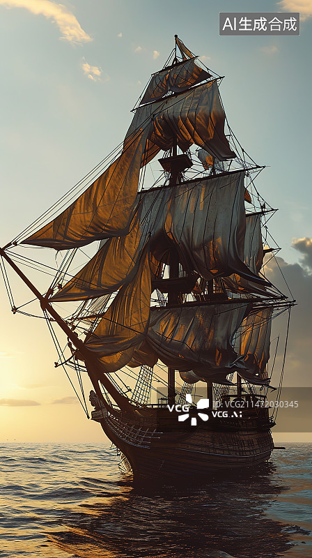 【AI数字艺术】日落时海上帆船对天的低角度视图图片素材