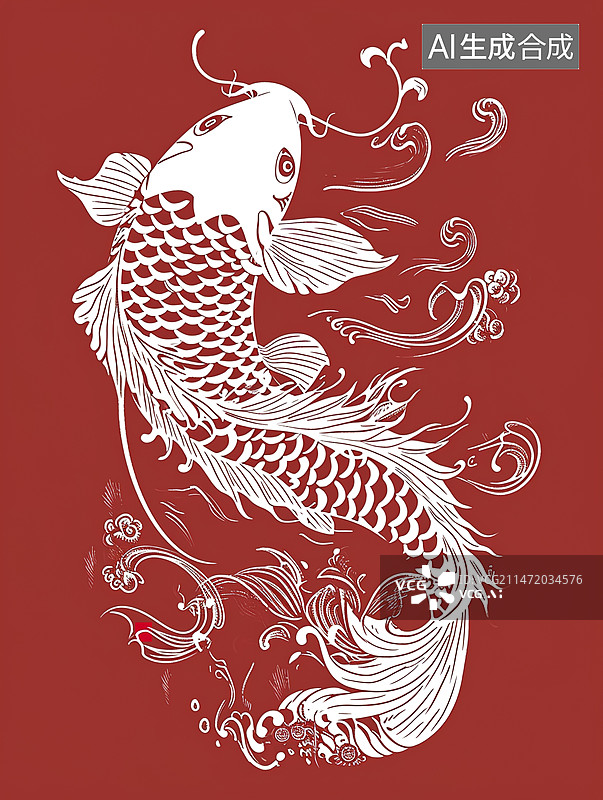 【AI数字艺术】锦鲤剪纸窗花插画背景图片素材