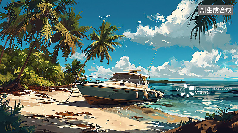 【AI数字艺术】海滩上的长尾船风景图片素材