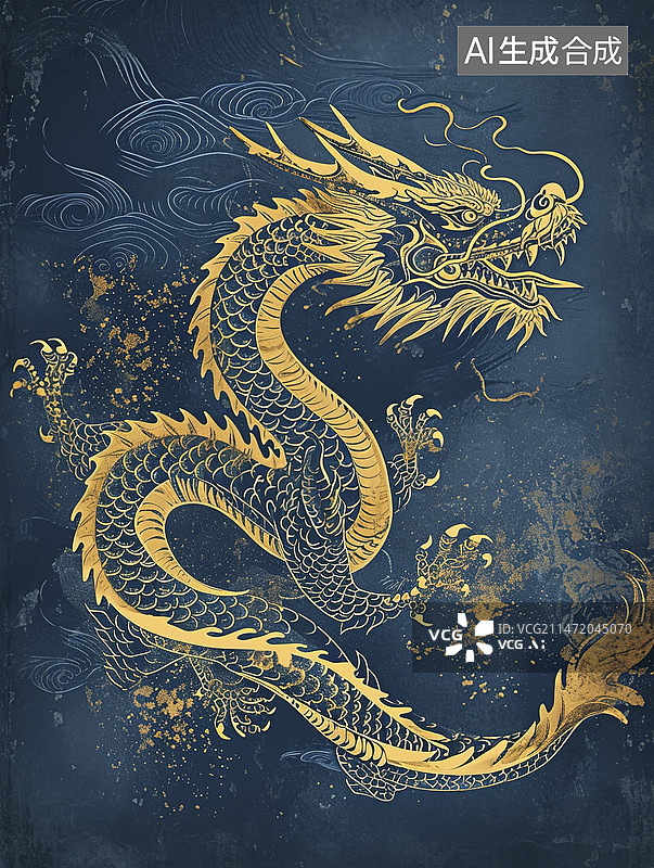 【AI数字艺术】鎏金中国龙图腾龙年插画图片素材