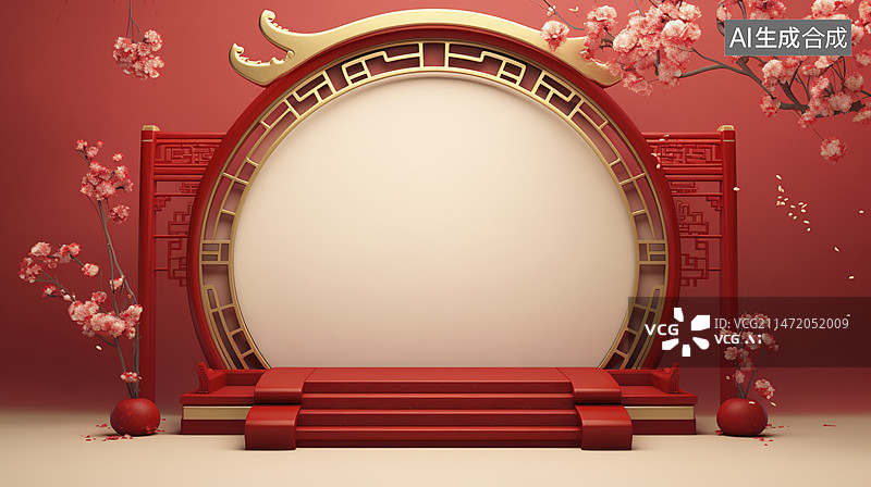 【AI数字艺术】新中式国风红色产品展台背景图片素材