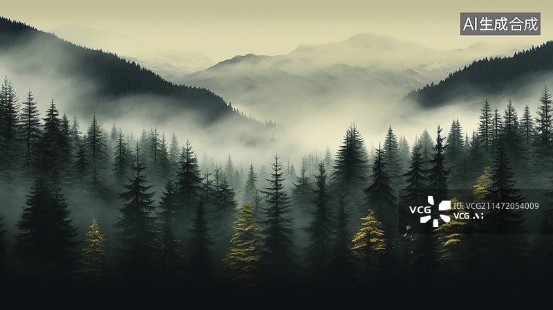 【AI数字艺术】云雾缭绕种的松树林背景图片素材