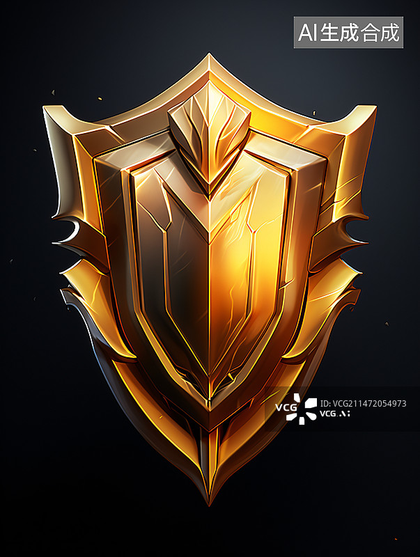 【AI数字艺术】3D金色盾牌标志，金属盾牌奖项概念插图图片素材