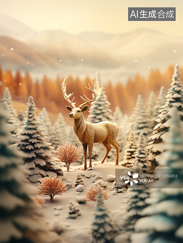 【AI数字艺术】圣诞节麋鹿微距插画，在森林中的小鹿动物场景插图图片素材
