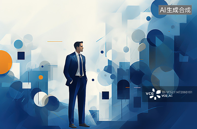 【AI数字艺术】商人站在城市的墙上看向别处图片素材
