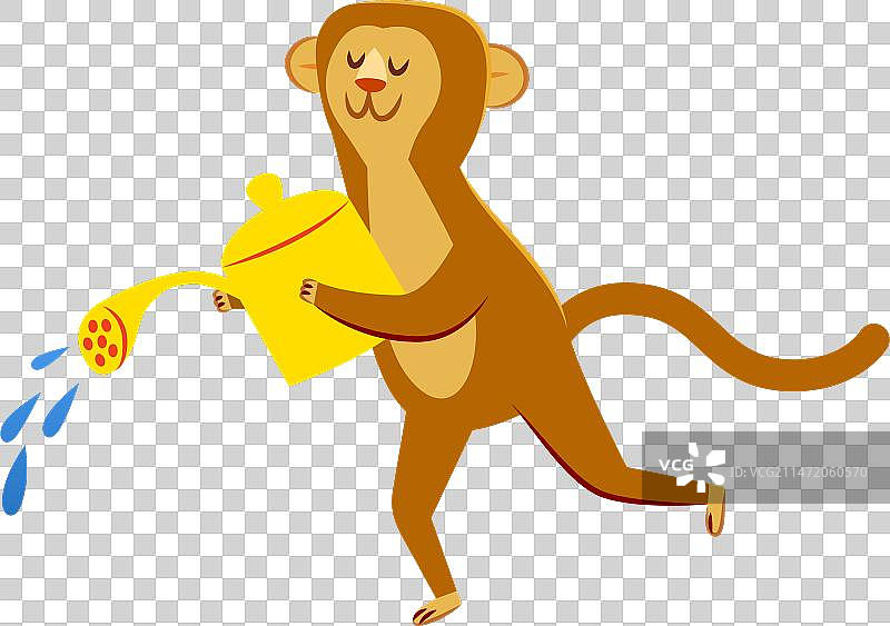 卡通猴子用黄色喷壶浇水图片素材