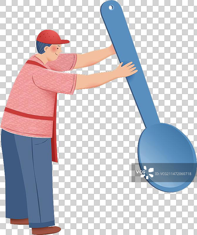 穿着围裙的迷你人用大勺子搅拌图片素材