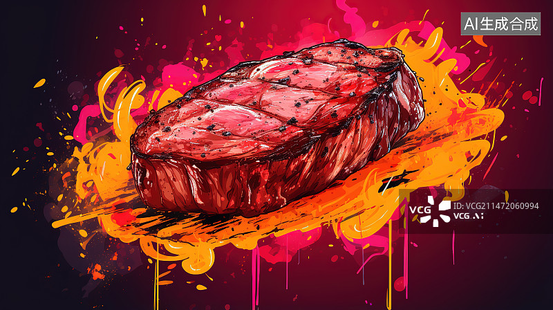 【AI数字艺术】黑色背景下的肉和蔬菜特写镜头图片素材