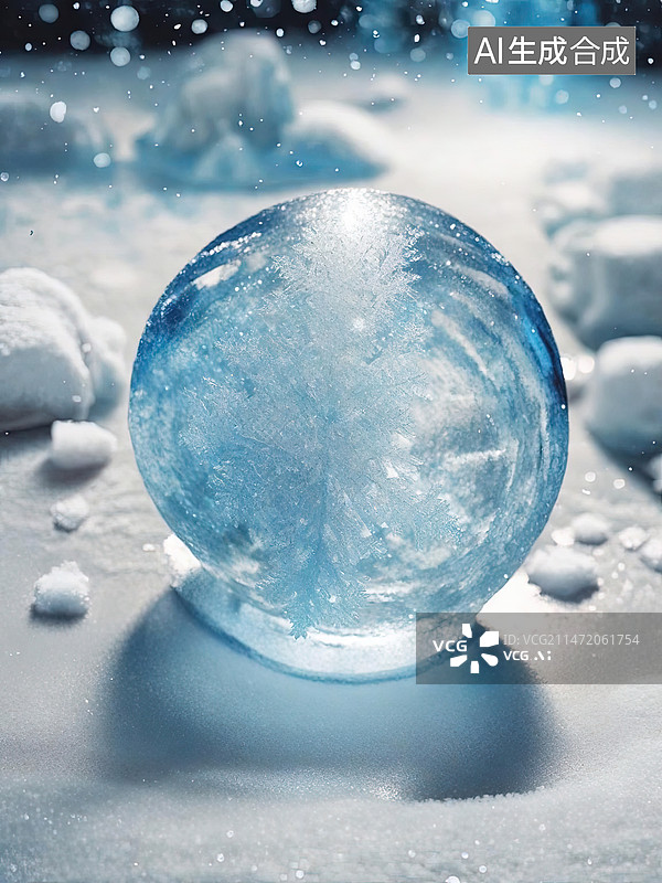 【AI数字艺术】冬季，冰球，蓝色，光，静物，微距图片素材