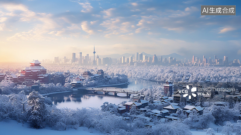 【AI数字艺术】冬天大雪中的居民胡同群建筑城市图片素材