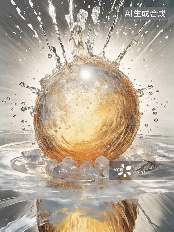 【AI数字艺术】黄色，冰球，水花，倒影，光，图片素材