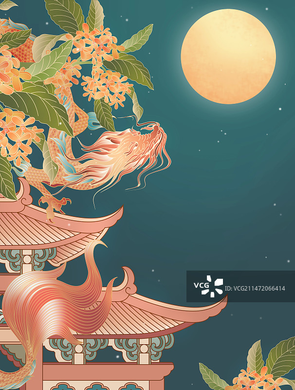 中国风龙与建筑插画背景图片素材