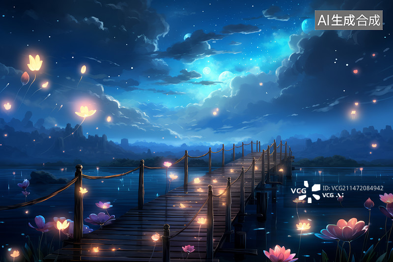 【AI数字艺术】梦幻湖边栈桥亮光的漂浮的花朵插画图片素材