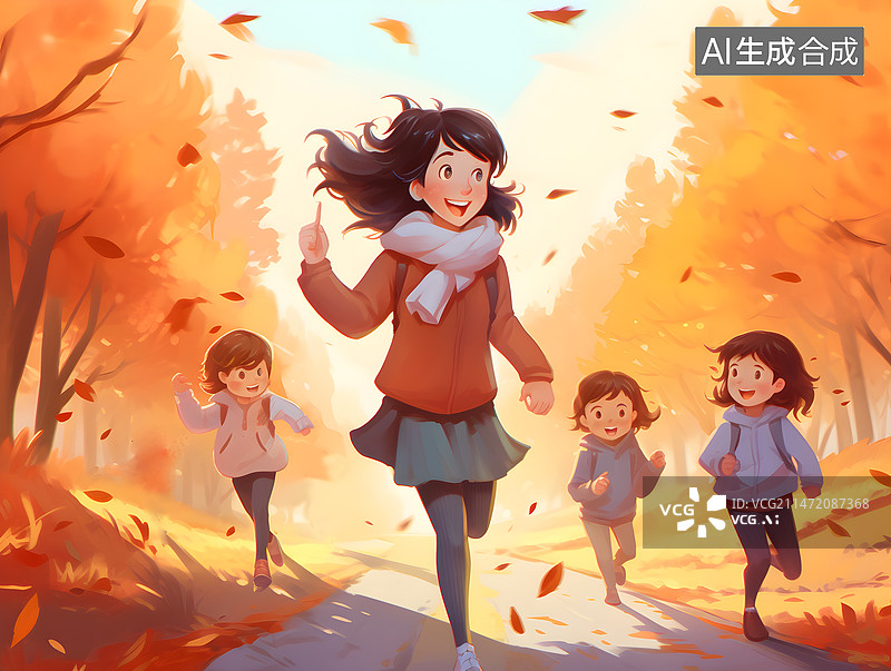 【AI数字艺术】跑步的女老师带着一群孩子图片素材