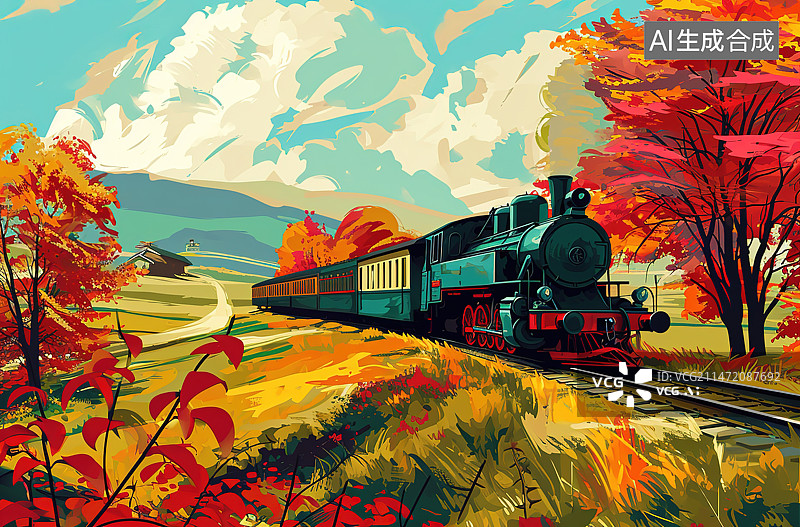 【AI数字艺术】秋天里的火车图片素材