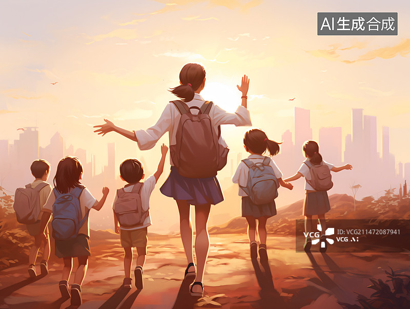 【AI数字艺术】一个女老师带着几个小学生奔向道路远方插画图片素材
