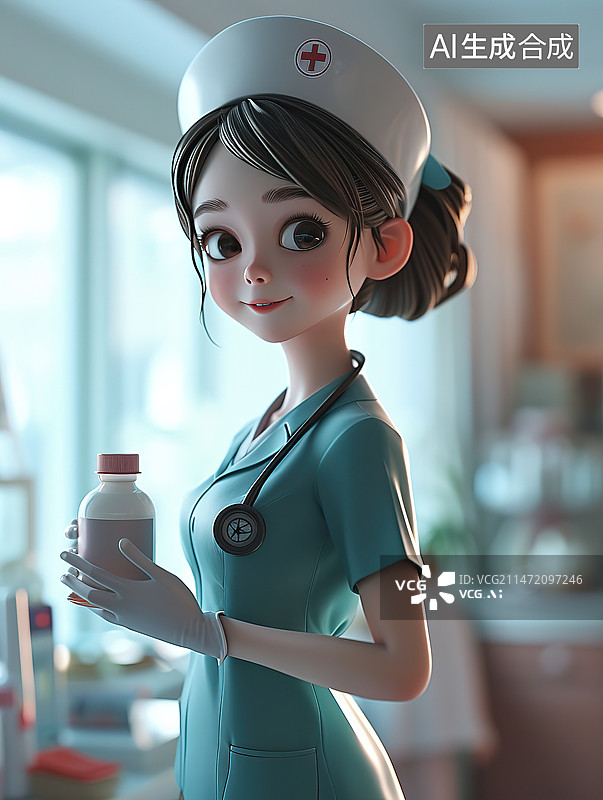【AI数字艺术】年轻的女医生拿着药瓶和注射器图片素材