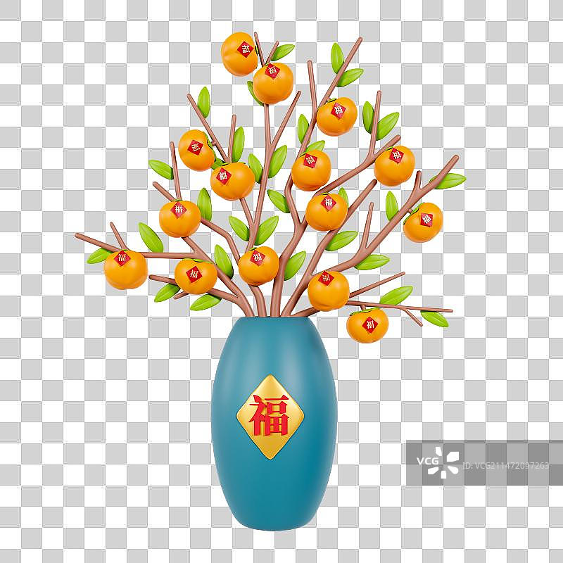 3D渲染的春节植物盆栽红包柿柿如意新年植物发财树元素图片素材