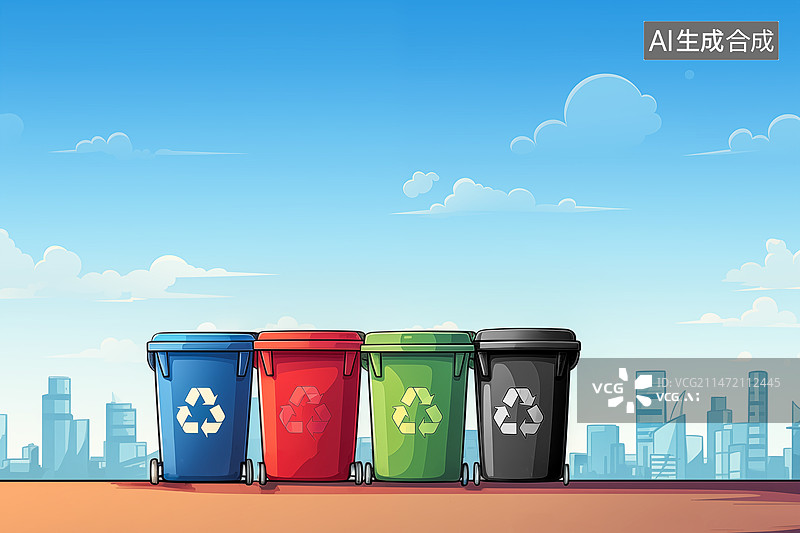 【AI数字艺术】城市天际线与垃圾分类桶背景图图片素材