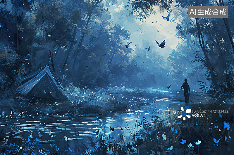 【AI数字艺术】站在湖边的人的后视图图片素材