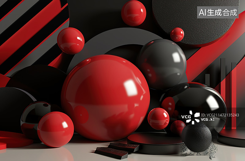 【AI数字艺术】黑色背景下红色圣诞饰品的特写镜头图片素材