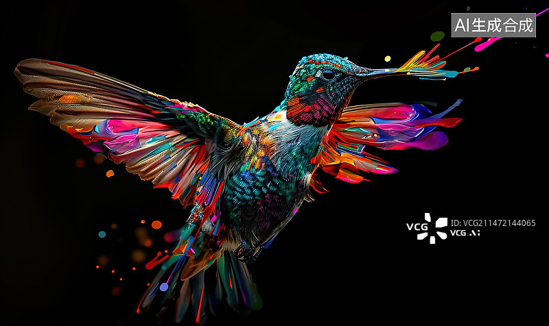 【AI数字艺术】黑色背景下的彩色羽毛特写镜头图片素材