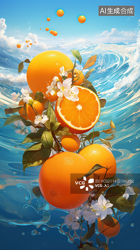 【AI数字艺术】在橙色天空下的橘子树上生长的低角度视图图片素材