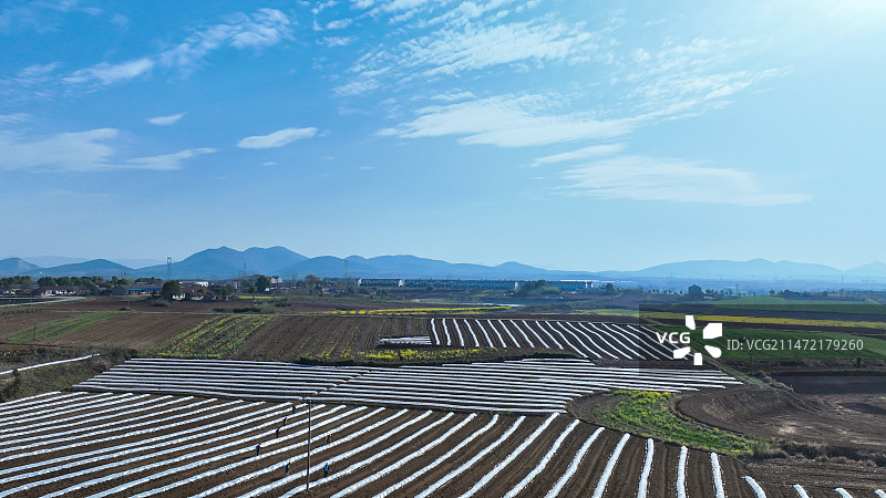 近处的田地和远处的山图片素材