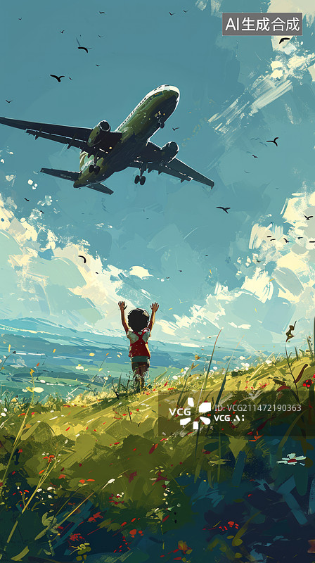 【AI数字艺术】孩子在草地上看飞机飞过的背影图片素材