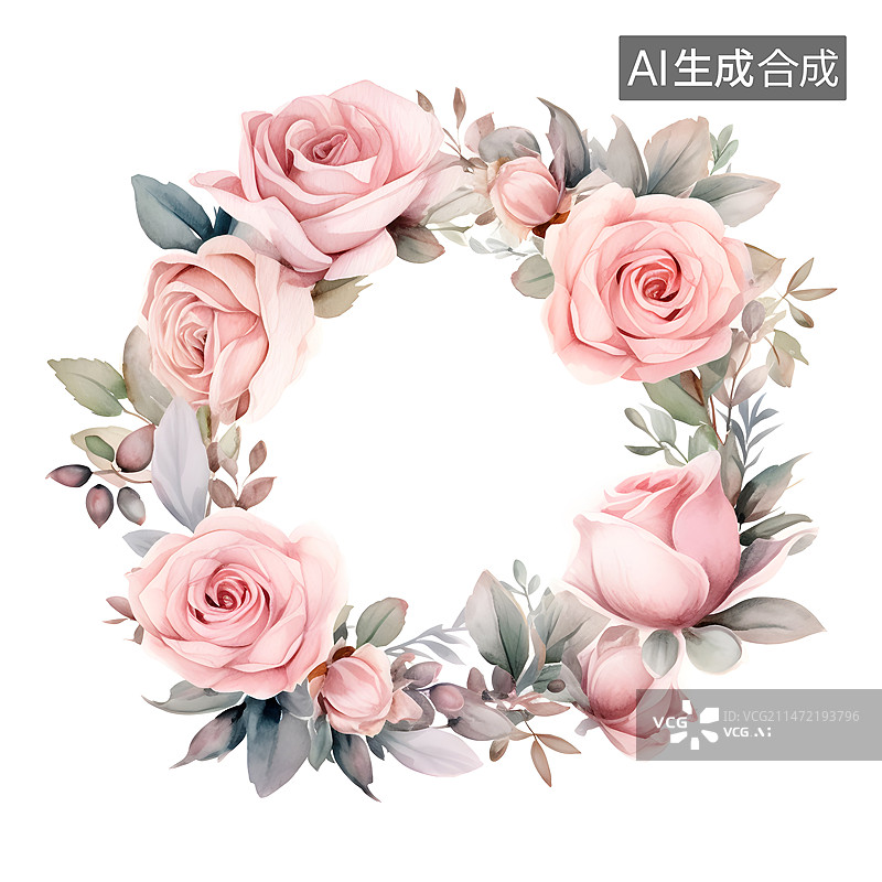 【AI数字艺术】粉色玫瑰花圈水彩插画图片素材