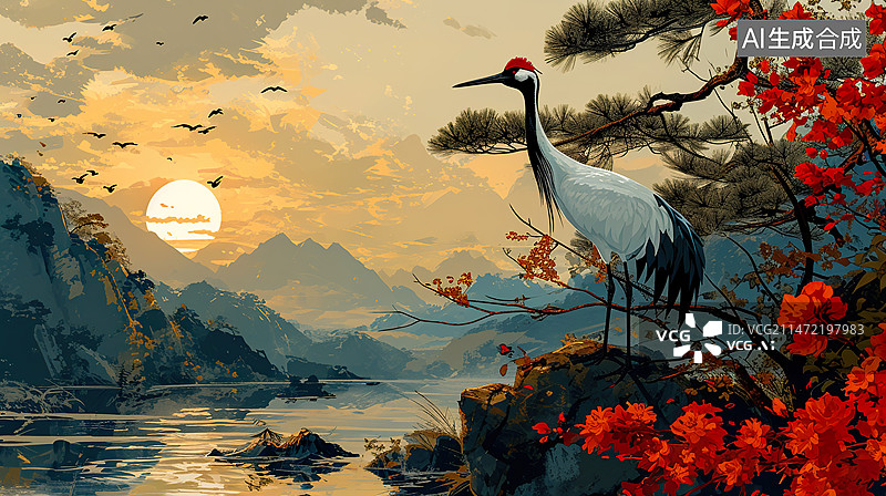 【AI数字艺术】新中式水墨油画山水画仙鹤国潮风节气插画背景图片素材