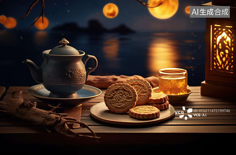 【AI数字艺术】月饼与茶壶茶杯图片素材