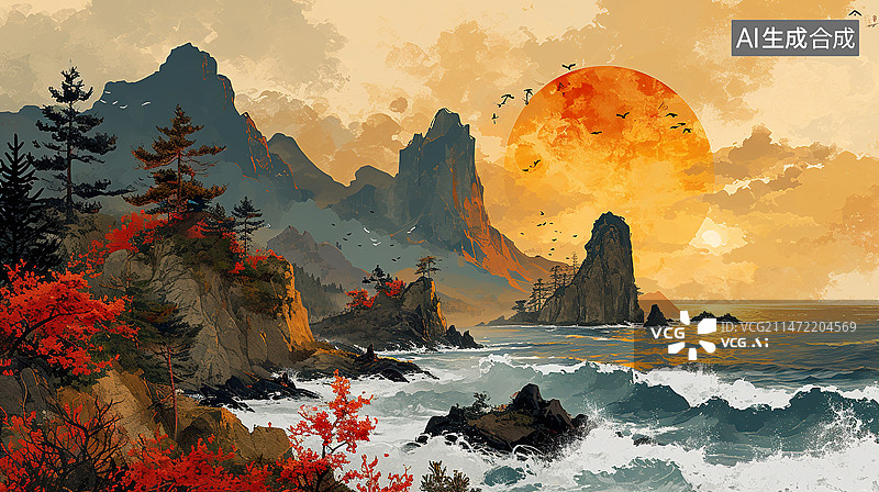 【AI数字艺术】新中式水墨油画山水画国潮风秋天节气插画背景图片素材