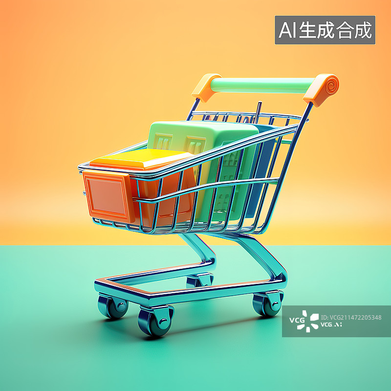 【AI数字艺术】荧光彩色的购物车特写图片素材