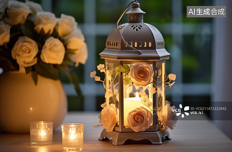 【AI数字艺术】桌上花瓶里的蜡烛和玫瑰的特写镜头图片素材