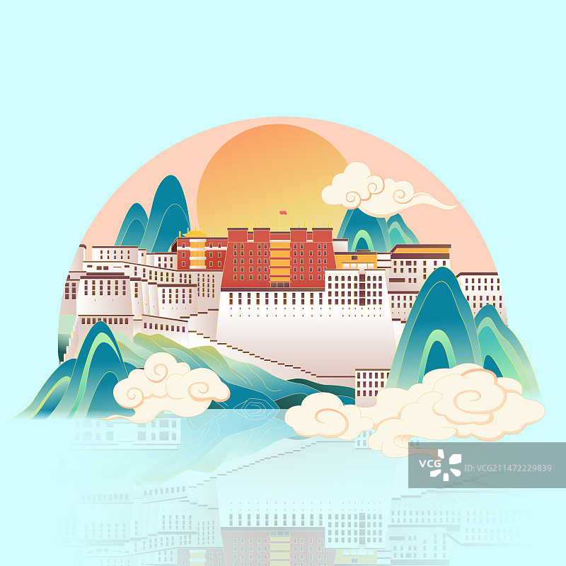 国风拉萨城市地标建筑彩色矢量插画图片素材