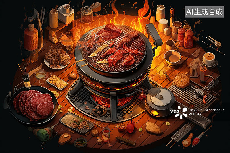 【AI数字艺术】黑色背景下餐桌上食物的高角度视图图片素材