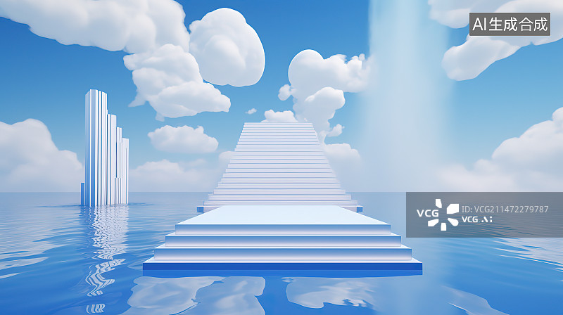 【AI数字艺术】蓝天白云下的游艇码头图片素材