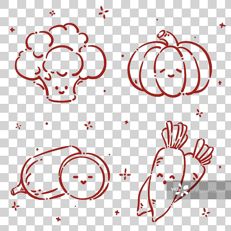 Q版蔬菜——西蓝花，南瓜，冬瓜，白萝卜线稿图片素材