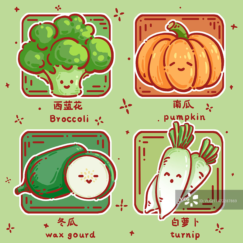 Q版蔬菜——西蓝花，南瓜，冬瓜，白萝卜配字版图片素材