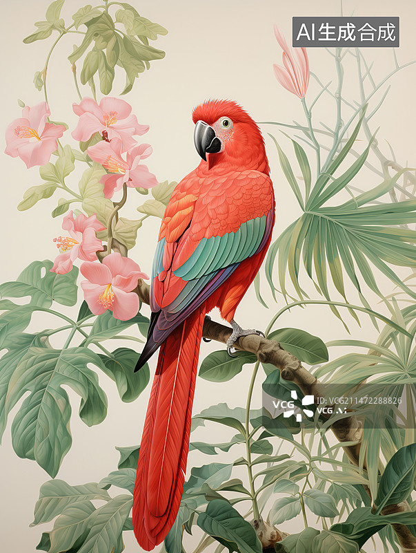 【AI数字艺术】鹦鹉栖息在植物上的特写镜头图片素材