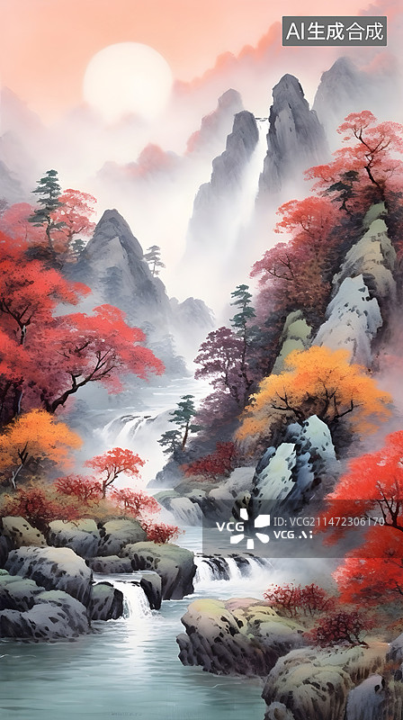 【AI数字艺术】中国风山水画：秋天图片素材