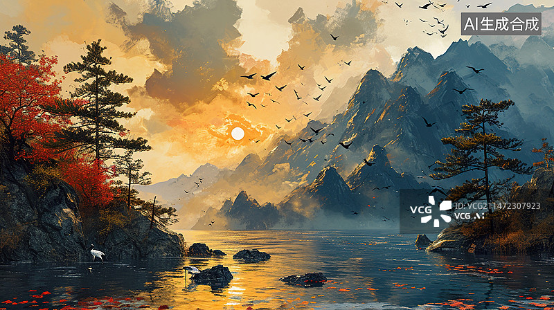 【AI数字艺术】新中式油画山水画国潮风秋天节气插画背景图片素材