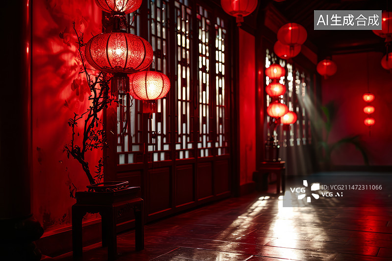 【AI数字艺术】节日气息红灯笼的中式室内图片素材
