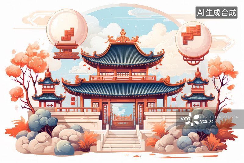 【AI数字艺术】简约扁平风格中国古建筑春节氛围插画图片素材