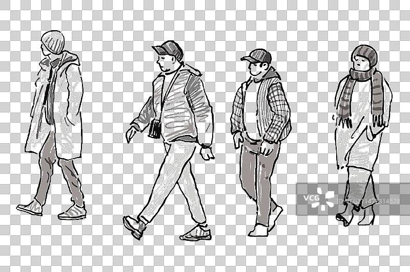 街头行人素描图片素材