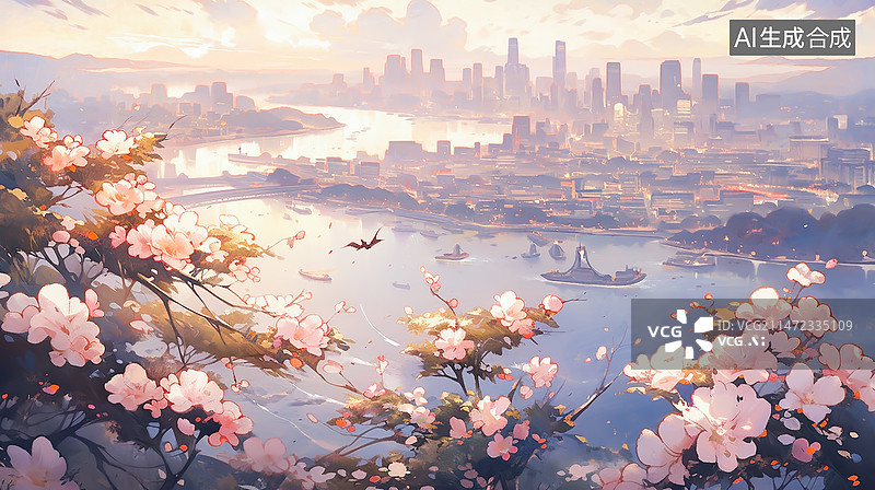 【AI数字艺术】春天春暖花开的高视角城市古镇图片素材