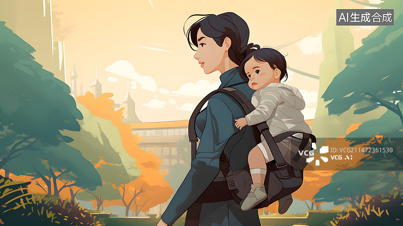 【AI数字艺术】AIGC:妈妈背着孩子在散步 插画插图图片素材
